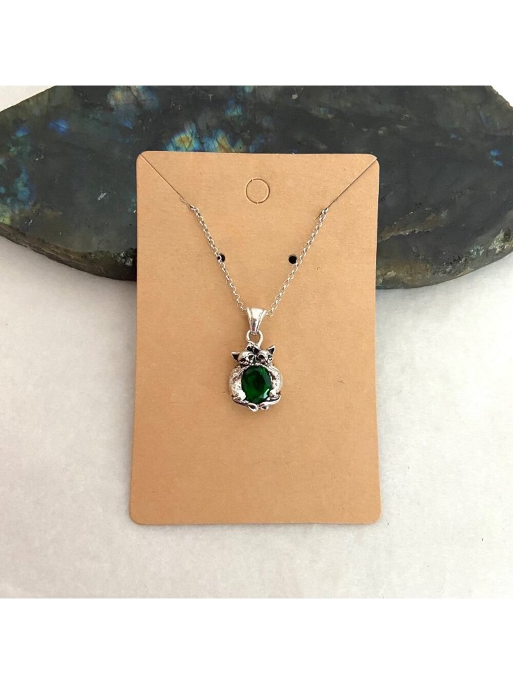 Esquivel & Fees Sterling Silver 925 Green Cat Kitten Pet Pendant Necklace